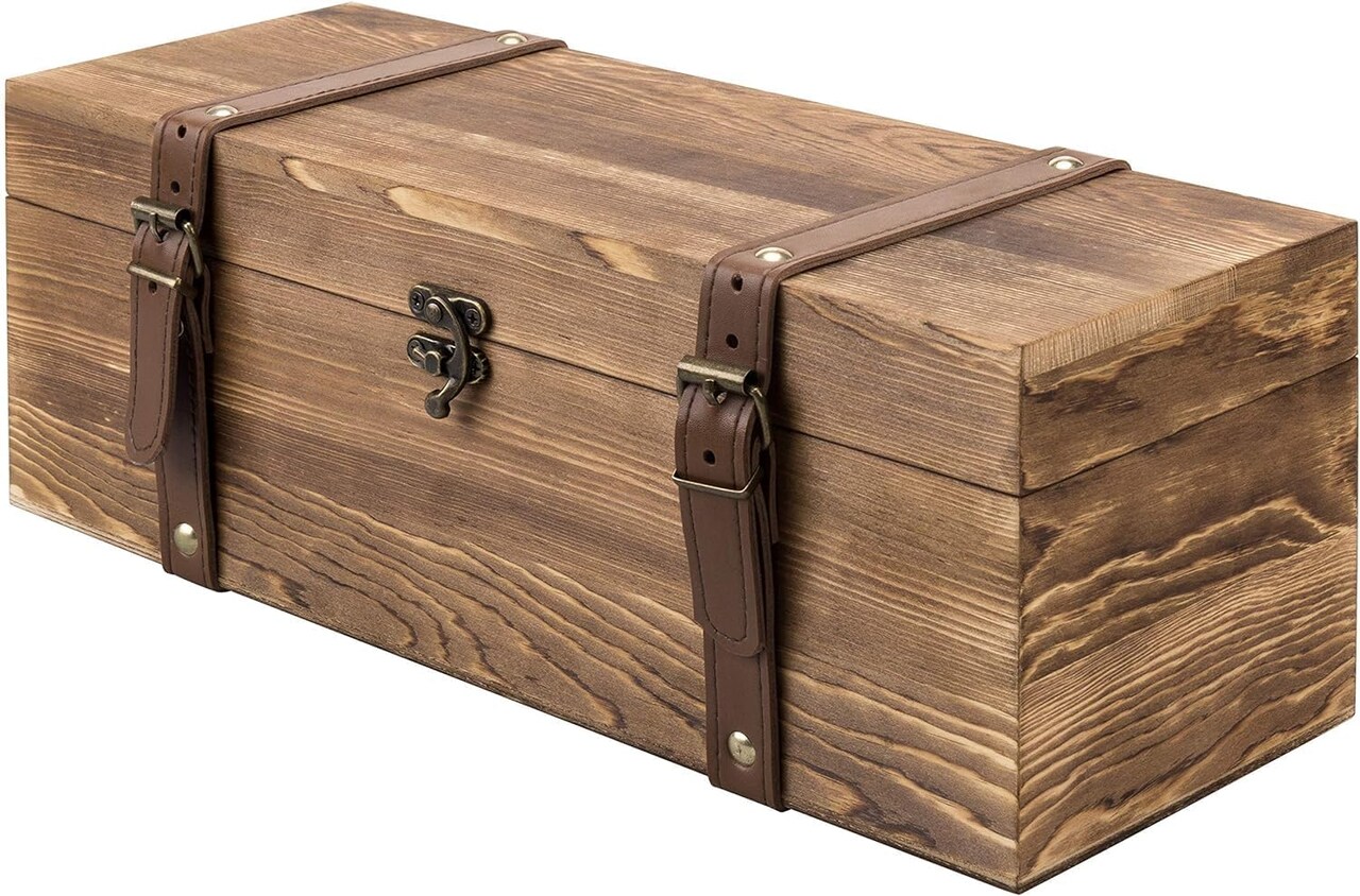 Wooden Wine and Whiskey Gift Box – Rustic Brown Box with Locking Latch and Leather Straps, Ideal for Christmas, Weddings, Champagne, or Beer Gifts (14 × 5 × 5 Inches)